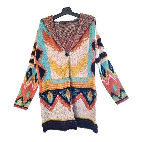 Southwestern Tribal Eyelash Sweater Hooded Cardigan Long Line MaxSport weighty L - Picture 2 of 16